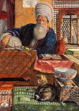 Cat resting on a pillow next to an imam