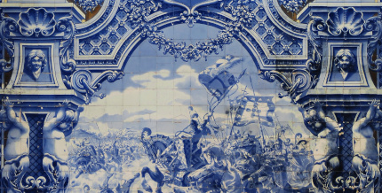 blue-and-white glazed ceramic 
picture depicting an episode from the 1385 Battle of Aljubarrota between the 
Portuguese and Castilian armies