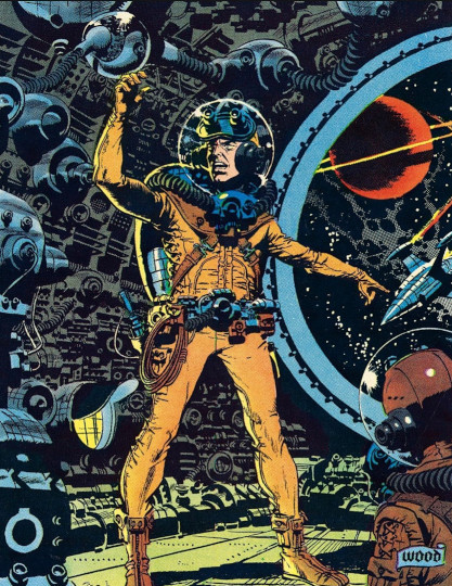 man wearing a 
space-suit with a holstered weapon at his hip gesturing through a huge port-hole 
at a another ship approaching with a ringed planet in the background