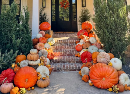 Luxury Pumpkin Porch porch with staircase lined with gourds