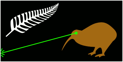 Silver-fern leaf and a kiwi bird emitting a green laser beam