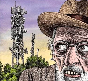 Tales Of Paranoia R.Crumb self
portrait, looking askance at a cell-tower