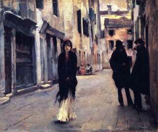 Painting of a young woman walking along the flagstones, 
observed by two shadowy figures to her left; while in the 
background, two or three other people sit in conversation