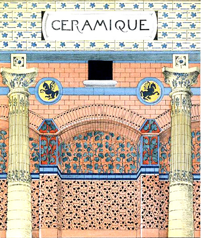 a peristyle featuring 
two columns and arched architectural recesses, embellished with a rich 
decoration of ceramic tiles