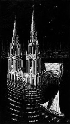 woodcut 
of a cathdral, submerged up to its rose window, ripples 
emanating from, and a schooner in the foreground, 
approaching. The constellation Orion is visible in 
the background night sky
