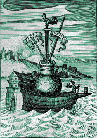 Fides Ivstitia woodcut of a small ship
carrying a vessle holding three swords, the central
blade surmounted by a chicken, labeled with a
'Fides Ivstitia' banner