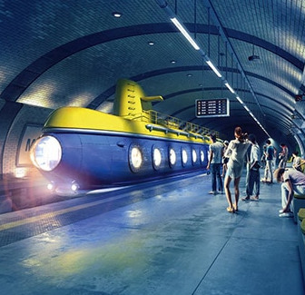 Blue and 
yellow submarine (instead of a train) with passengers boarding on 
an underground subway platform