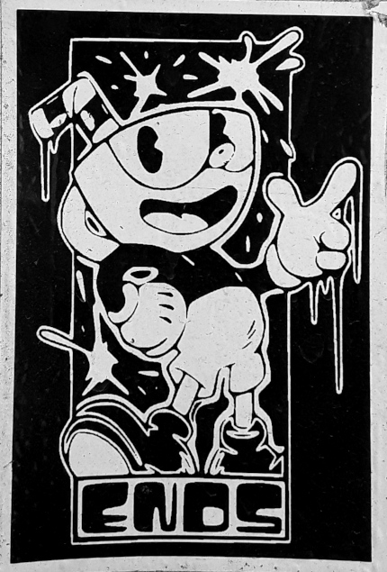 Enos or Ends smiling cartoon figure with caption:
ENOS