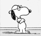 Feb 13, 1962 PEANUTS last panel: Snoopy wearing Linus' glasses (detail)