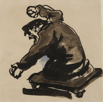 Simple painting of 
an angry man, truncated just below the waist, waving 
his fists.