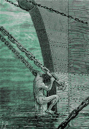 heaving himself up to the chains A naked man pulls himself
up from the water using the chains of the ship he intends to board
surreptitiously